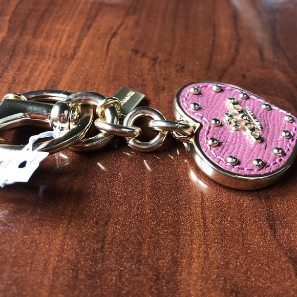 Coach Split Key Ring, Pink Studded Leather Heart - Picture 3 of 7